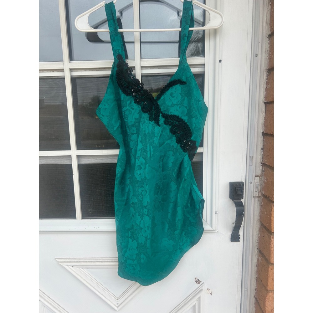 Vintage Victorias Secret Gold Label Emerald Jacquard Lace‎ Slip Dress S Coquette